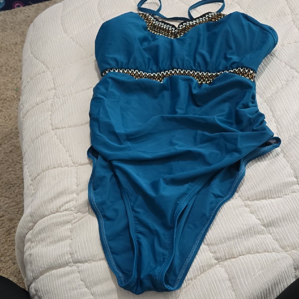 Turquoise Zigzag-Trim One-Piece Swimsuit NWOT